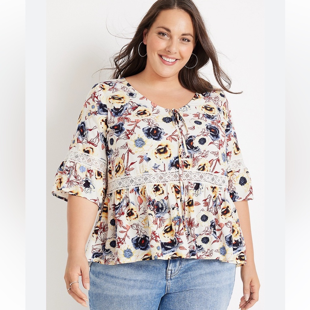 Plus Size Tie Front White Floral Crochet Top